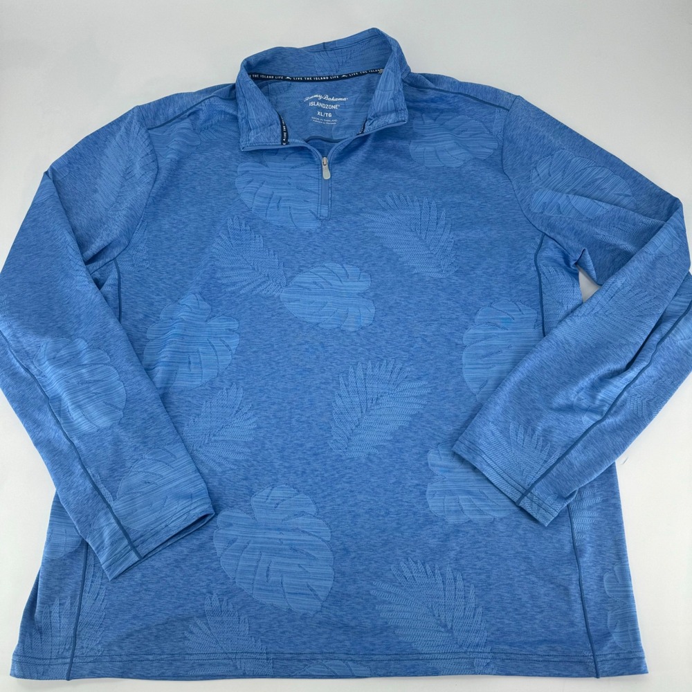 Tommy Bahama IslandZone Mens XL Blue Tropical Leaf Jacquard Quarter Zip Pullover